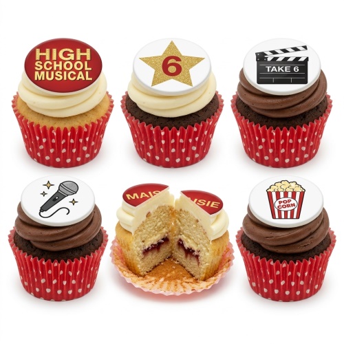 Cupcakes with High School Musical, gold star, clapperboard, microphone, and popcorn toppers in red polka dot cases.