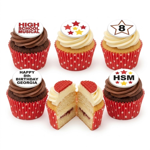 High School Musical themed cupcakes with chocolate and vanilla frosting, red polka dot cases, and custom age toppers.
