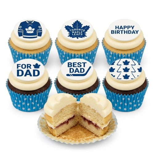 Six ice hockey themed cupcakes with Toronto Maple Leafs designs for Dad's birthday.