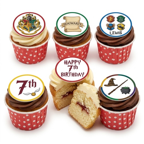 Harry Potter themed cupcakes with Hogwarts crest, house crests, sorting hat, wand, cauldron, and snitch toppers.