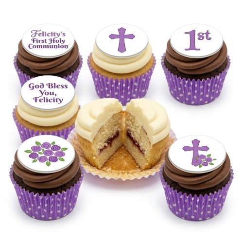 First Holy Communion cupcakes with purple cross and rose toppers, some with chocolate and some with vanilla frosting.