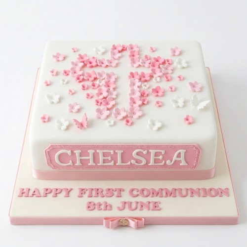 White square cake with pink and white floral cross, pink butterflies, and pink ribbon for Holy Communion.