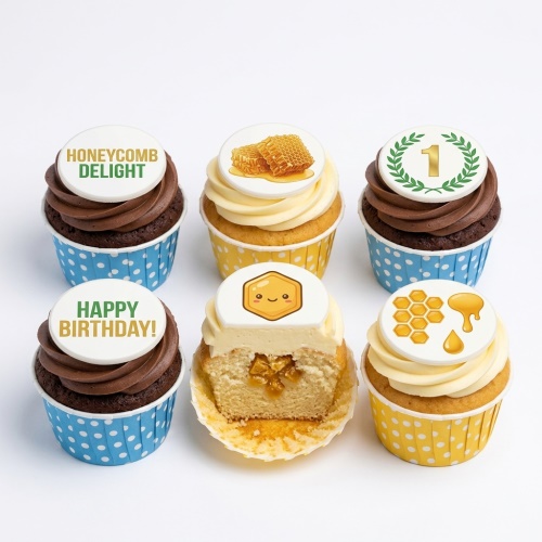 Six honeycomb and honey-themed birthday cupcakes with chocolate and vanilla frosting, some with 'Happy Birthday' and '1' toppers.