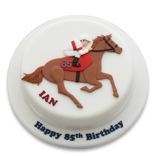 White round cake with a brown fondant horse and jockey. The jockey has a red saddle.