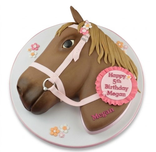 Brown horse head birthday cake with pink bridle, sugar flowers, and a custom age rosette.