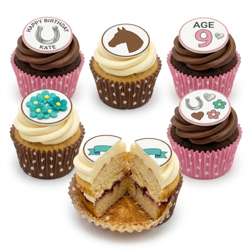 Selection of horse theme birthday cupcakes with horse head, horseshoe, flowers, and custom age toppers.