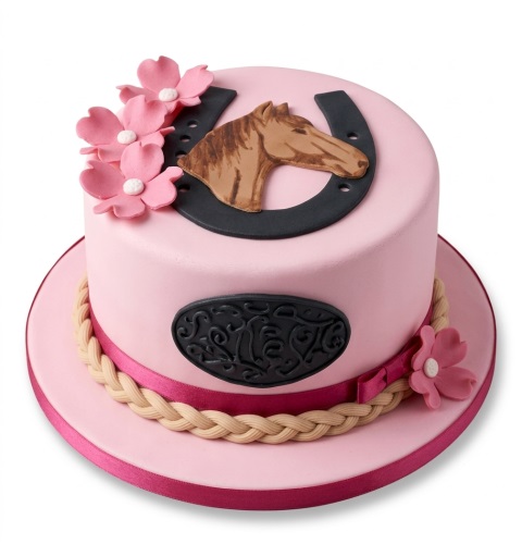 Pink single-tier birthday cake with a brown horse head, black horseshoe, and pink flowers.