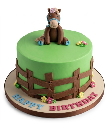 Green birthday cake with a brown fondant horse topper, wooden fence, and colourful sugar flowers.