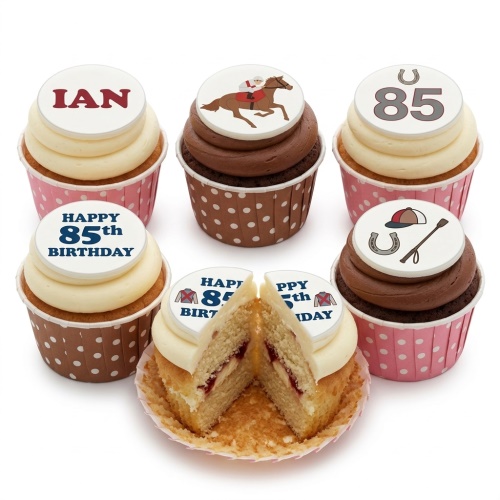 A selection of horse racing themed birthday cupcakes with white and brown frosting, featuring edible toppers of a jockey, horse, horseshoe, riding crop, and custom age and name examples.