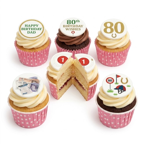 Six horse racing themed birthday cupcakes with custom age and money toppers.