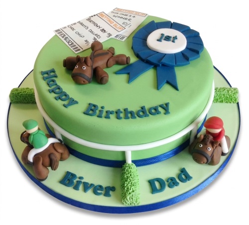 Horse racing themed birthday cake with jockeys, horses, betting slips, and a '1st' rosette on green icing.