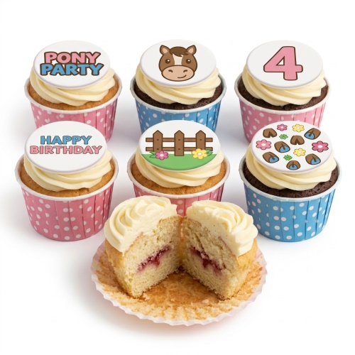 Pony themed birthday cupcakes with horse face, fence, hoof prints, 'Pony Party', 'Happy Birthday', and number 4 toppers.