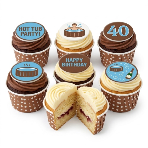 Hot tub party themed birthday cupcakes with custom age topper and champagne bottle decorations.