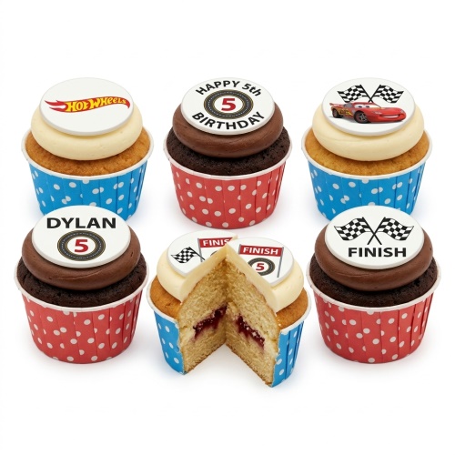 A set of racing car themed birthday cupcakes with custom age toppers and finish line flags.