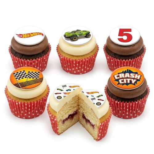 Hot Wheels themed birthday cupcakes with racing cars, flags, and custom age topper.