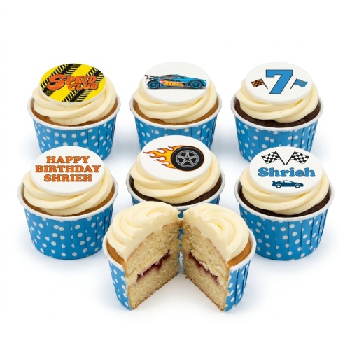 Hot Wheels themed birthday cupcakes with racing cars, flaming wheels, and custom age topper.