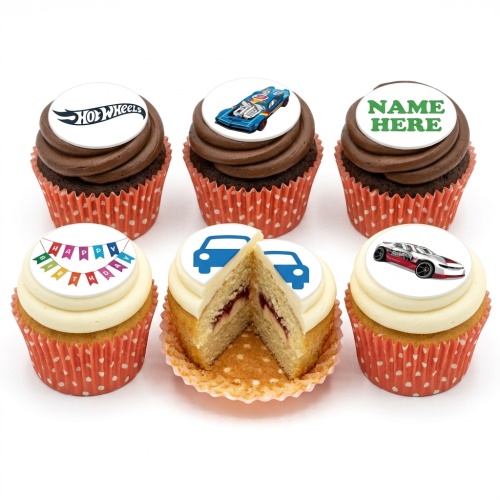 A selection of Hot Wheels themed birthday cupcakes with various car designs and a customisable name topper.