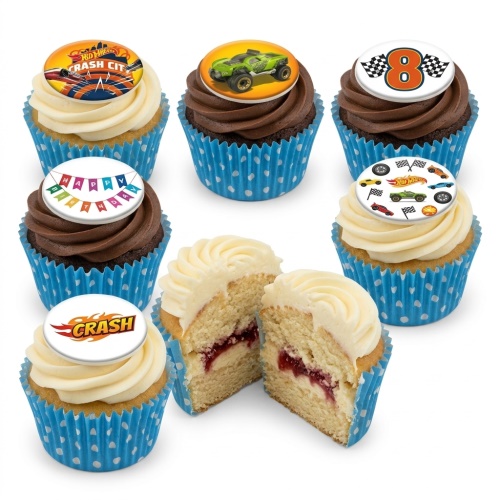 Hot Wheels themed cupcakes with racing cars, monster truck, and custom age topper.