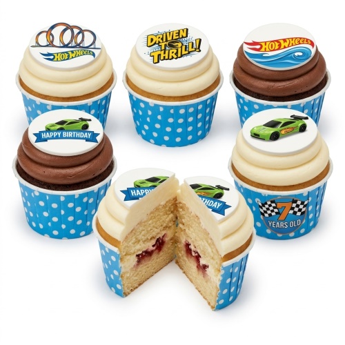Hot Wheels themed birthday cupcakes with racing cars, logos, and a custom age topper.