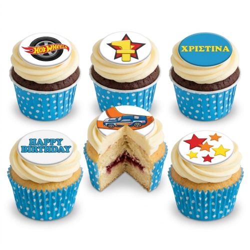 Hot Wheels themed cupcakes with car, logo, stars, and "Happy Birthday" toppers.