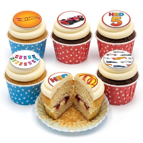 Hot Wheels themed birthday cupcakes with racing cars and custom age topper