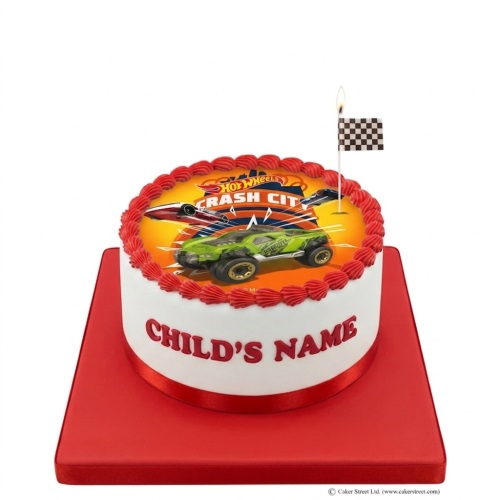 Round white cake with Hot Wheels Crash City edible image, red piping, and a checkered flag candle.