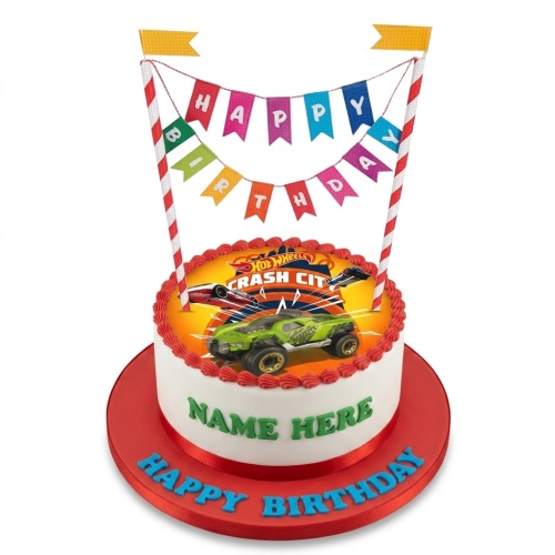 Round white cake with Hot Wheels Crash City cars, red piping, and "Happy Birthday" bunting.