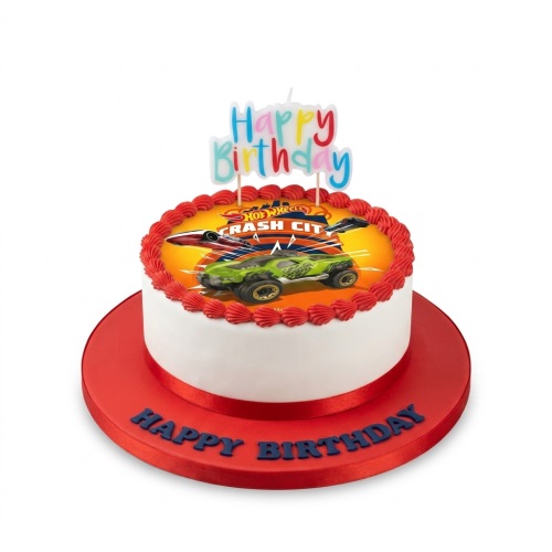 Round white Hot Wheels Crash City birthday cake with green racing car and red trim.