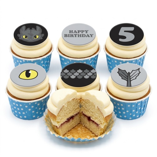 How to Train Your Dragon Toothless themed birthday cupcakes with custom age topper.