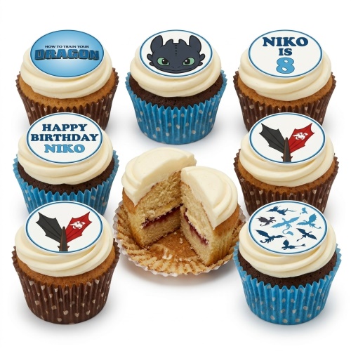 How to Train Your Dragon themed cupcakes with Toothless, dragon silhouettes, and custom birthday messages.