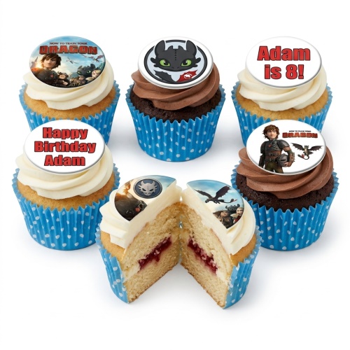 How to Train Your Dragon themed cupcakes with Hiccup and Toothless toppers, some with custom age and name messages.