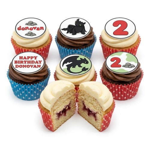 How to Train Your Dragon themed birthday cupcakes with Toothless toppers and examples of custom age '2' and name 'Donovan'.