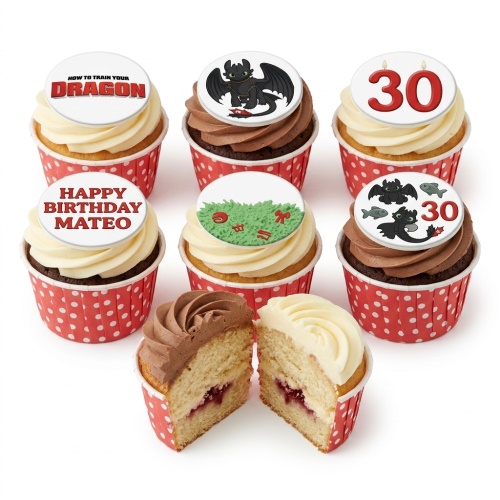 How to Train Your Dragon themed cupcakes with dragon characters, movie logo, grass, and custom age toppers.
