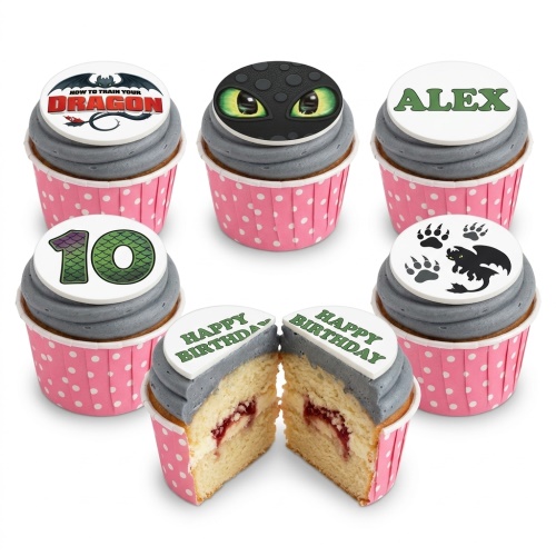 How to Train Your Dragon themed cupcakes with Toothless eyes, logo, paw prints, custom age, and personalised message.