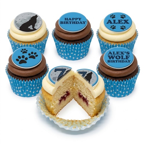 Wolf theme birthday cupcakes with howling wolf, moon, paw prints, and custom age topper.