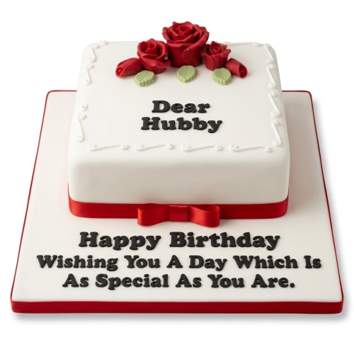 White square birthday cake with red fondant roses, green leaves, and a red ribbon.