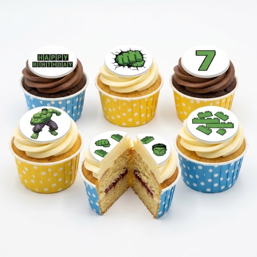 Hulk themed birthday cupcakes with green fist, character, and building block toppers, with custom age.