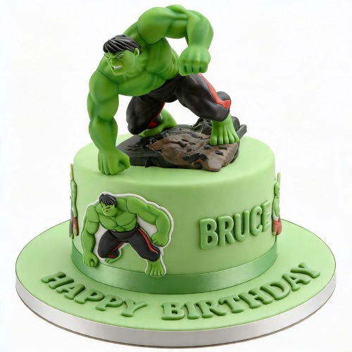 Green round birthday cake with a 3D Hulk topper and 2D Hulk cutouts, with a personalised name and 'Happy Birthday' message.