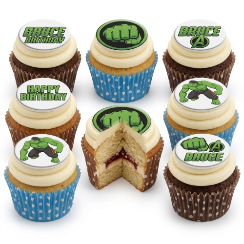 Assortment of Hulk themed birthday cupcakes with green fist logos and character toppers.