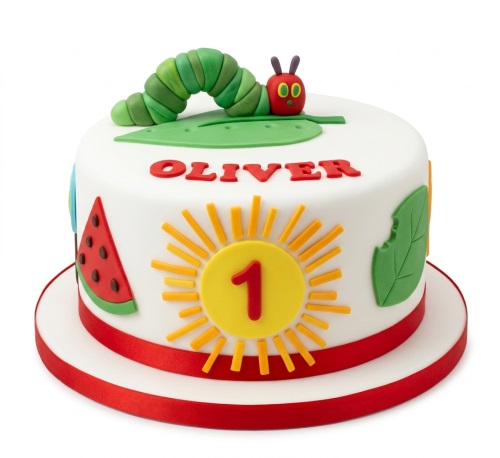 White round cake with The Very Hungry Caterpillar, watermelon, leaves, and a custom age sun.