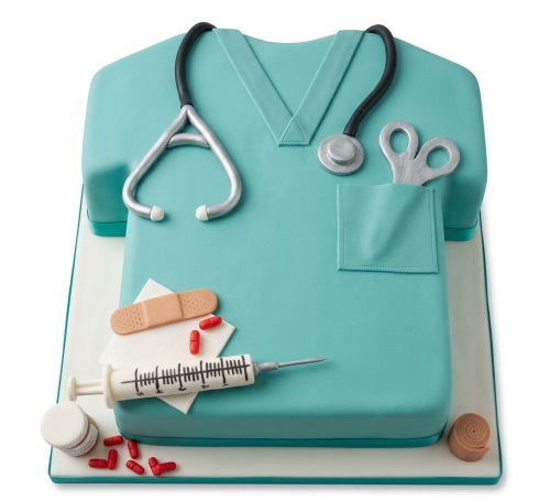 Teal scrub top cake with stethoscope, scissors, syringe, and pills