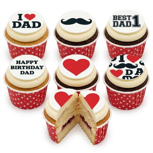 Cupcakes with "I ❤️ DAD", "BEST DAD 1", "HAPPY BIRTHDAY DAD" messages and mustache toppers in red polka dot cases.