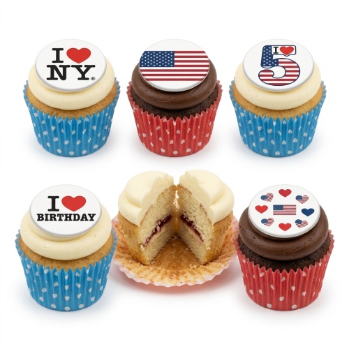 Cupcakes with American flag, 'I love NY', 'I love Birthday' and custom age toppers