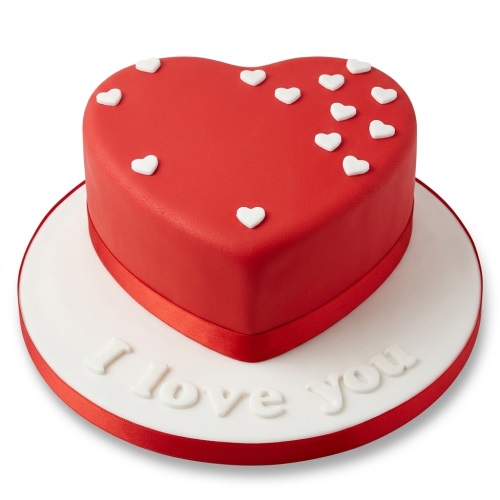 Red heart-shaped cake with white fondant hearts on top and 'I love you' written on the white cake board with a red ribbon.