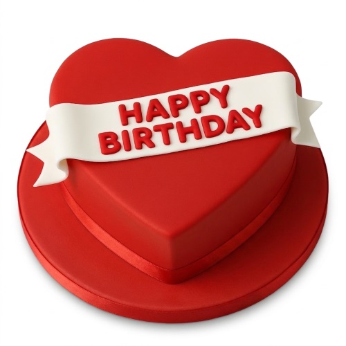 Red heart-shaped birthday cake with a white banner displaying "Happy Birthday" in red.