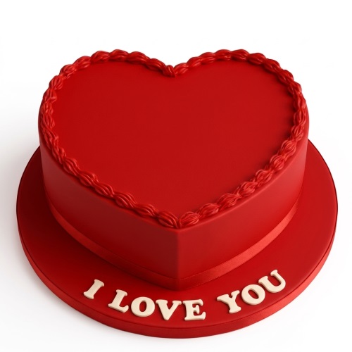 Red heart-shaped cake with 'I Love You' message on the board and piped border.