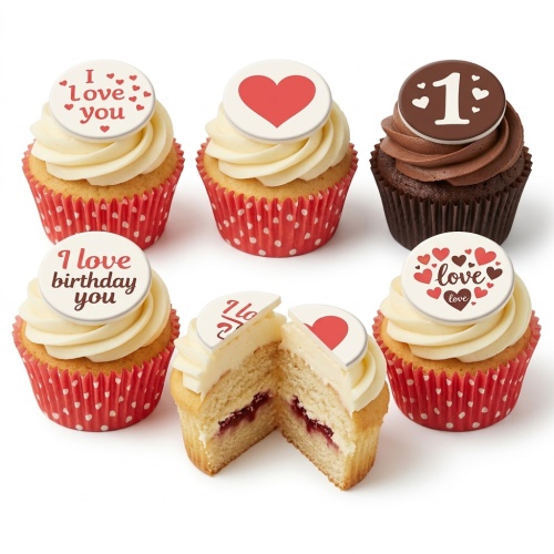 Red heart-shaped cupcakes with white 'I love you' text and small white hearts, with a red braided border.
