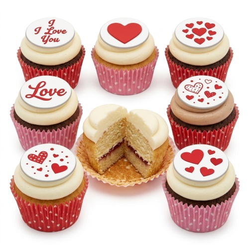 Cupcakes with white frosting and red heart toppers, some with 'I Love You' and 'Love' messages.