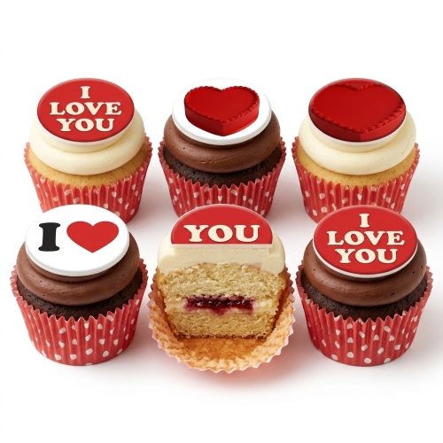 Six cupcakes with red and white 'I Love You' and heart toppers, in red polka dot cases.