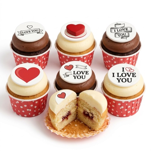 Cupcakes with red hearts and 'Love You' messages, in red polka dot wrappers.